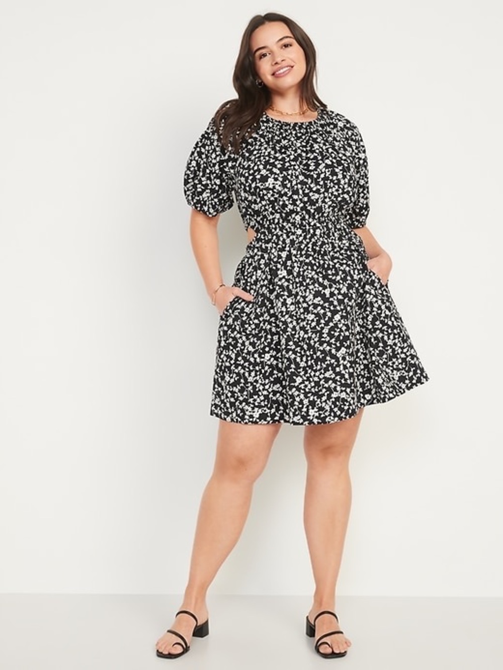 Old Navy Waist-Defined Puff-Sleeve Cotton-Poplin Side-Cutout Mini Dress